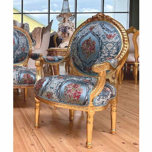 Casa Padrino Barock Medaillon Salon Stuhl Hellblau / Bunt / Gold H. 100 cm - Barock M�bel