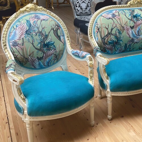 Casa Padrino Barock Medaillon Salon Stuhl Blau / Bunt / Wei� / Gold H. 100 cm - Barock M�bel