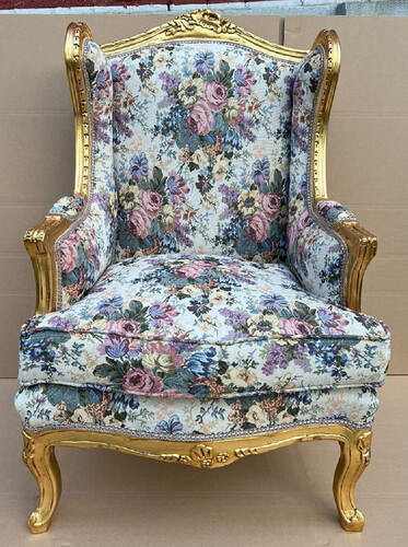 Casa Padrino Barock Ohrensessel Mehrfarbig / Gold - Handgefertigter Antik Stil Wohnzimmer Sessel mit Blumenmuster - Antik Stil M�bel - Barock Wohnzimmer M�bel