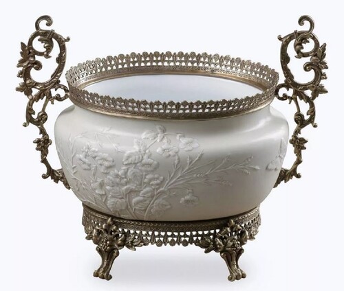 Casa Padrino Barock Porzellan Sch�ssel Grau / Wei� / Bronze H. 34 cm - Barock Deko Accessoires