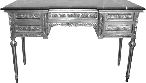 Casa Padrino Barock Konsole Silber mit Marmorplatte und 5 Schubladen 126 x 43 x H79 cm - Konsolentisch Sekret�r - M�bel