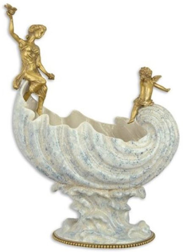 Casa Padrino Jugendstil Porzellan Sch�ssel mit Bronzefiguren Wei� / Blau / Gold 36,1 x 20,2 x H. 49 cm - Barock & Jugendstil Deko Accessoires