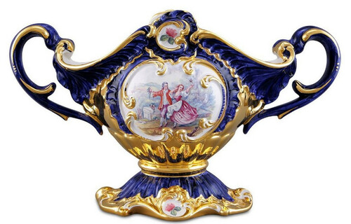 Casa Padrino Barock Sch�ssel Blau / Gold / Mehrfarbig 46 x 22 x H. 29 cm - Handbemalte Keramik Sch�ssel mit romantischem Motiv