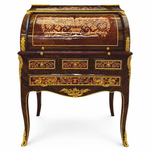 Casa Padrino Barock Sekret�r mit 8 Schubladen Dunkelbraun Intarsien / Gold H. 120 cm - Prunkvolle Barock B�ro M�bel