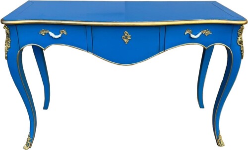 Casa Padrino Barock Sekret�r mit 3 Schubladen Blau / Gold - Handgefertigter Massivholz Schreibtisch im Barockstil - Barock B�ro M�bel