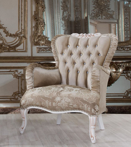 Casa Padrino Barock Sessel Braun / Wei� / Beige 80 x 82 x H. 100 cm - Prunkvoller Wohnzimmer Sessel mit Glitzersteinen - Barockstil M�bel