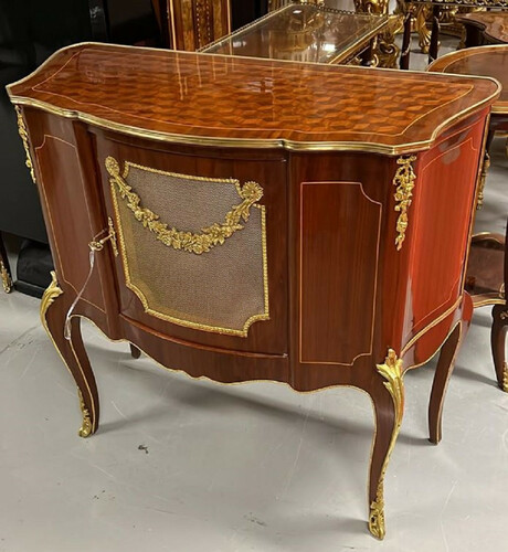 Casa Padrino Barock Sideboard Braun Intarsien / Gold - Handgefertigtes Massivholz Sideboard mit T�r und eleganten Verzierungen - Barock Wohnzimmer M�bel