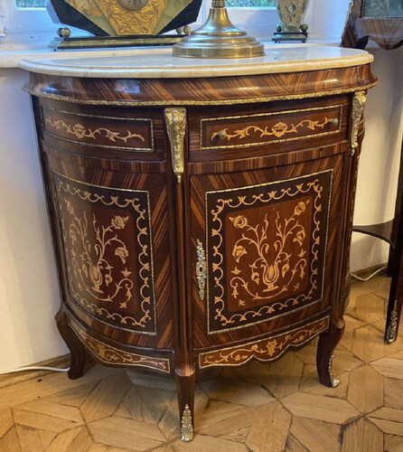 Casa Padrino Barock Sideboard Braun Intarsien / Creme - Handgefertigter Barockstil Massivholz Schrank mit Marmorplatte - Wohnzimmer M�bel im Barockstil - Antik Stil M�bel - Barock M�bel