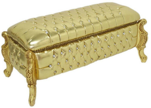 Casa Padrino Barock Sitzbank / Truhe Gold Lederoptik / Gold - Gepolsterte Massivholz Bank mit Glitzersteinen - M�bel im Barockstil