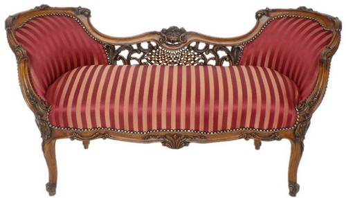 Casa Padrino Barock Sitzbank Bordeauxrot / Beige / Braun 150 x 55 x H. 80 cm - Prunkvolle gestreifte Massivholz Bank - Barock Wohnzimmer M�bel