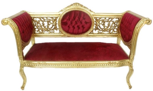 Casa Padrino Barock Sitzbank Bordeauxrot / Gold 155 x 50 x H. 70 cm - Prunkvolle Massivholz Bank mit edlem Samtstoff - Barockm�bel