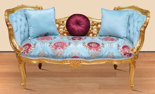 Casa Padrino Barock Sitzbank Hellblau / Mehrfarbig / Gold 150 x 55 x H. 80 cm - Prunkvolle Massivholz Bank mit edlem Blumenmuster - Barock M�bel