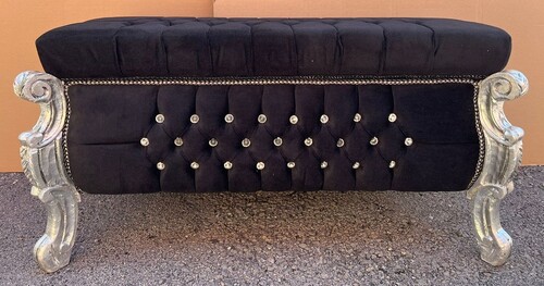 Casa Padrino Barock Sitzbank - Truhe mit Glitzersteinen Schwarz / Silber - Barock M�bel