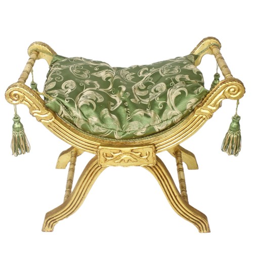 Casa Padrino Barock Sitzhocker - Kreuzhocker Gr�n Muster / Gold - Antik M�bel 
