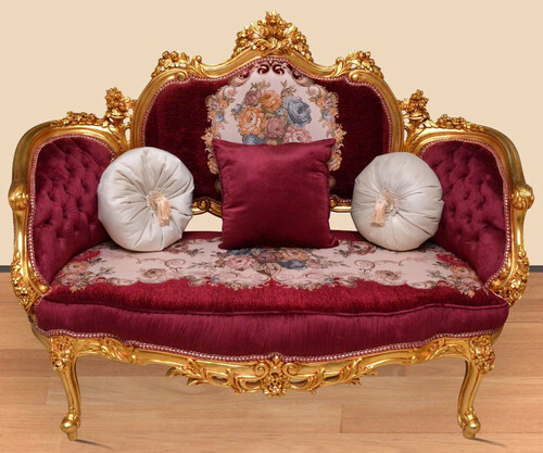 Casa Padrino Barock Sofa Bordeauxrot / Mehrfarbig / Gold - Handgefertigtes Wohnzimmer Sofa im Barockstil - Prunkvolle Barock Wohnzimmer M�bel