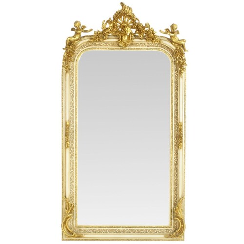 Casa Padrino Barock Spiegel Creme / Gold 85 x H. 160 cm - mit Engelsfiguren - Prunkvoller Wandspiegel im Barockstil - Antik Stil Garderoben Spiegel - Wohnzimmer Spiegel - Barock M�bel