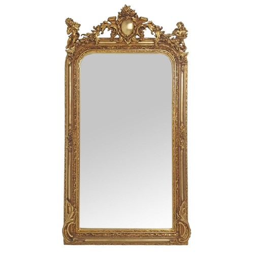 Casa Padrino Barock Spiegel Gold 85 x H. 160 cm - mit Kartusche und Engeln - Prunkvoller Wandspiegel im Barockstil - Antik Stil Garderoben Spiegel - Wohnzimmer Spiegel - Barock M�bel