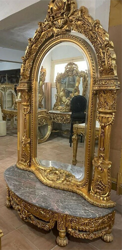 Casa Padrino Barock Spiegelkonsole mit Marmorplatte Gold / Grau - Handgefertigte Barock Konsole mit Spiegel - Barock M�bel - Edel & Prunkvoll