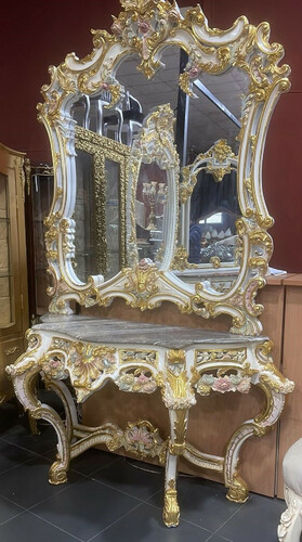 Casa Padrino Barock Spiegelkonsole mit Marmorplatte Wei� / Mehrfarbig / Gold / Grau - Prunkvolle Barock Konsole mit Spiegel - Garderoben M�bel Barockstil - Barock M�bel - Antik Stil M�bel