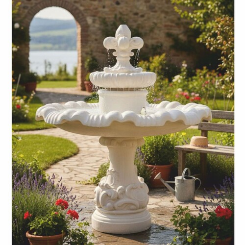 Casa Padrino Barock Springbrunnen Lilie Wei�  130 x H. 140 cm - Runder Gartenbrunnen - Garten & Terrassen Deko