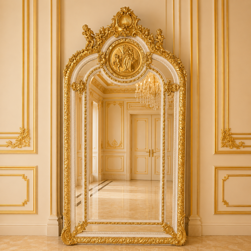 Casa Padrino Barock Standspiegel Creme / Gold 115 x H. 215 cm - Handgefertigter Antik Stil Ganzk�rperspiegel - Garderoben Spiegel - Schlafzimmer Spiegel - Barock M�bel