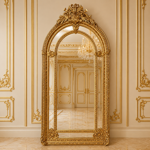 Casa Padrino Barock Standspiegel Gold 115 x H. 215 cm - mit Akanthus Schnitzerei und Schleifen Bekr�nung - Handgefertigter Antik Stil Ganzk�rperspiegel - Garderoben Spiegel - Schlafzimmer Spiegel - Barock M�bel