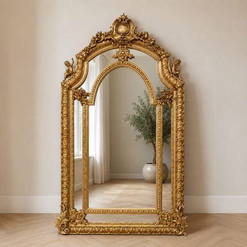 Casa Padrino Barock Standspiegel Gold 115 x H. 215 cm - mit Engelsfiguren - Handgefertigter Antik Stil Ganzk�rperspiegel - Garderoben Spiegel - Schlafzimmer Spiegel - Barock M�bel
