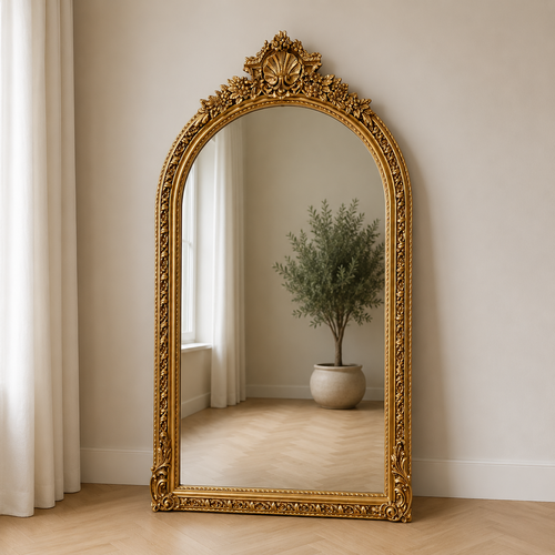 Casa Padrino Barock Standspiegel Gold 115 x H. 215 cm - mit Muschel Bekr�nung - Handgefertigter Antik Stil Ganzk�rperspiegel - Garderoben Spiegel - Schlafzimmer Spiegel - Barock M�bel