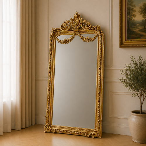 Casa Padrino Barock Standspiegel Gold 120 x H. 225 cm - mit Blumenkorb Bekr�nung - Handgefertigter Antik Stil Ganzk�rperspiegel - Garderoben Spiegel - Schlafzimmer Spiegel - Barock M�bel