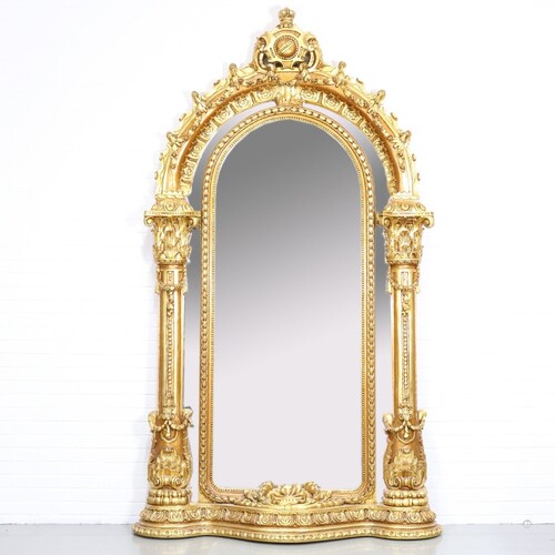 Casa Padrino Barock Standspiegel Gold 140 x H. 250 cm - mit S�ulen und Krone - Handgefertigter Antik Stil Ganzk�rperspiegel - Garderoben Spiegel - Schlafzimmer Spiegel - Barock M�bel