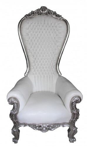 Casa Padrino Barock Thron Sessel mit Kunstleder Wei� / Silber - Handgefertigter K�nigssessel - Prunkvoller Hochzeitssessel - Barock Riesensessel - Barock M�bel