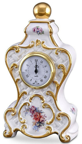 Casa Padrino Barock Tischuhr Wei� / Gold / Mehrfarbig 17 x 12 x H. 30 cm - Prunkvolle Barock Keramik Uhr mit Blumen Design