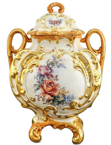 Casa Padrino Barock Keramik Vase mit Deckel und 2 Tragegriffen Wei� / Gold / Mehrfarbig  12 x H. 34 cm - Blumenvase im Barockstil