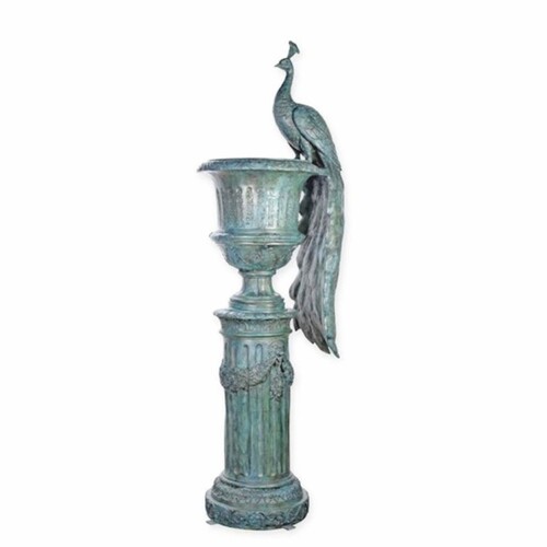 Casa Padrino Barock Garten Deko Bronze Blumenvase mit S�ule und Pfau Antik T�rkis H. 238 cm