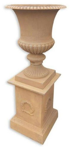 Casa Padrino Barock Vase mit S�ule Beige H. 138 cm - Prunkvolle Gusseisen Blumenvase mit Sockel - Barock Garten Deko - Barock Terrassen Deko - Barock Deko Accessoires