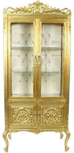 Casa Padrino Barock Vitrine Gold / Cremefarben 100 x 40 x H. 170 cm - Prunkvoller Barock Vitrinenschrank mit 2 Glast�ren wundersch�nen Verzierungen und Glitzersteinen