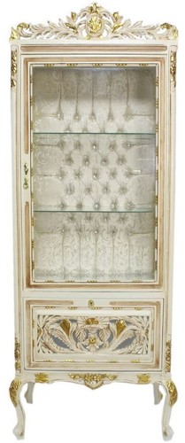Casa Padrino Barock Vitrine Cremefarben / Beige / Gold 70 x 40 x H. 170 cm - Prunkvoller Barock Vitrinenschrank mit Glast�r und Glitzersteinen - Barock M�bel