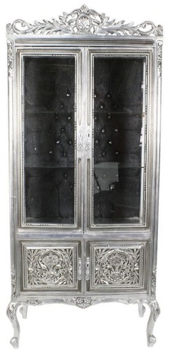 Casa Padrino Barock Vitrine Silber / Schwarz 100 x 40 x H. 170 cm - Prunkvoller Barock Vitrinenschrank mit 2 Glast�ren wundersch�nen Verzierungen und Glitzersteinen
