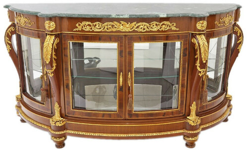 Casa Padrino Barock Massivholz Sideboard mit 4 Glast�ren und Marmorplatte Braun / Gold / Gr�n 175 x 50 x H. 95 cm - Vitrine - Schrank - Prunkvolle Barock M�bel
