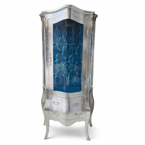 Casa Padrino Barock Vitrine Silber / Blau H. 185 cm - Barock M�bel