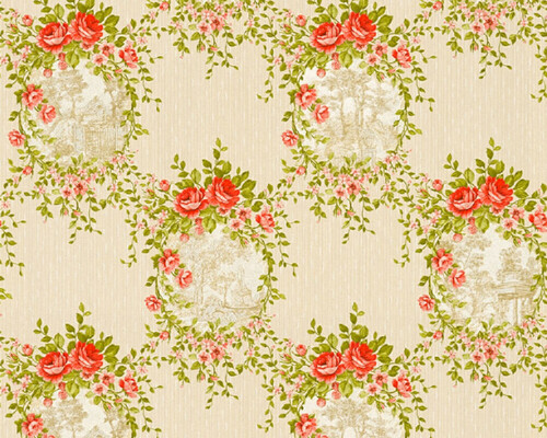 Casa Padrino Barock Vliestapete Beige / Gr�n / Rot - Barockstil Wohnzimmer Tapete mit elegantem Blumenmuster - Barock Deko Accessoires