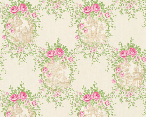 Casa Padrino Barock Vliestapete Cremefarben / Gr�n / Rosa - Barockstil Wohnzimmer Tapete mit elegantem Blumenmuster - Barock Deko Accessoires