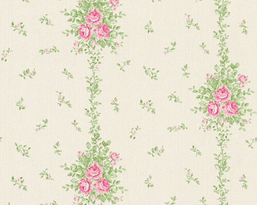 Casa Padrino Barock Vliestapete Cremefarben / Gr�n / Rosa - Barockstil Wohnzimmer Tapete mit elegantem Blumenmuster - Barock Wanddeko