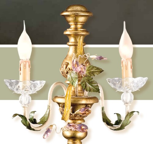 Casa Padrino Barock Wandleuchte Gr�n Gelb Elfenbein B. 35 x T. 38 cm 2-flammig - Handgefertigte Leuchte aus Italien - Barock Leuchten