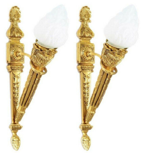 Casa Padrino Barock Wandleuchten Set Gold / Wei� 15 x 25 x H. 60 cm - Vergoldete Bronze Wandlampen im Fackel Design