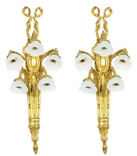 Casa Padrino Barock Wandleuchten Set Gold / Wei� 35 x 25 x H. 95 cm - Prunkvolle vergoldete Bronze Wandlampen mit rosenf�rmigen Glas Lampenschirmen