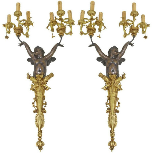 Casa Padrino Barock Wandleuchten Set Engel Bronze / Gold - Prunkvolle Barock Hotel & Restaurant Wandlampen - Barock Leuchten - Edel & Prunkvoll