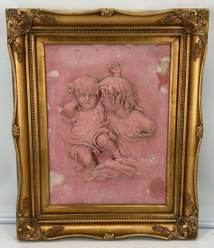 Casa Padrino Barock Wandrelief Rosa / Gold 44,5 x H. 55 cm - Antik Stil Wand Deko Stein Relief mit Prunk Rahmen - Deko Accessoires im Barockstil - Barock Wanddeko