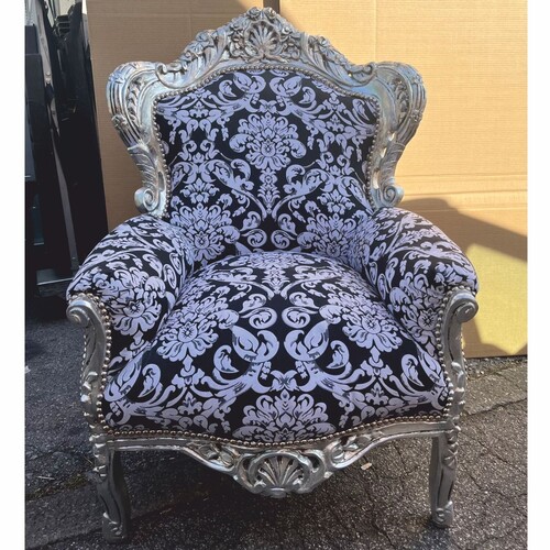 Casa Padrino Barock Wohnzimmer Sessel Schwarz / Wei� / Silber - Prunkvolle Barock M�bel