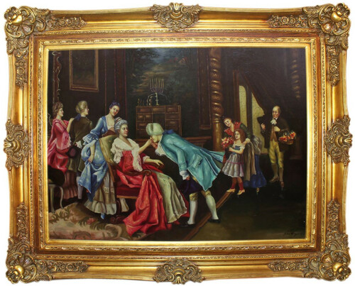 Casa Padrino Barock �lgem�lde Der Geburtstag Mehrfarbig / Gold 160 x 10 x H. 130 cm - Handgemaltes Gem�lde mit prunkvollem Rahmen im Barockstil - Wanddeko im Barockstil